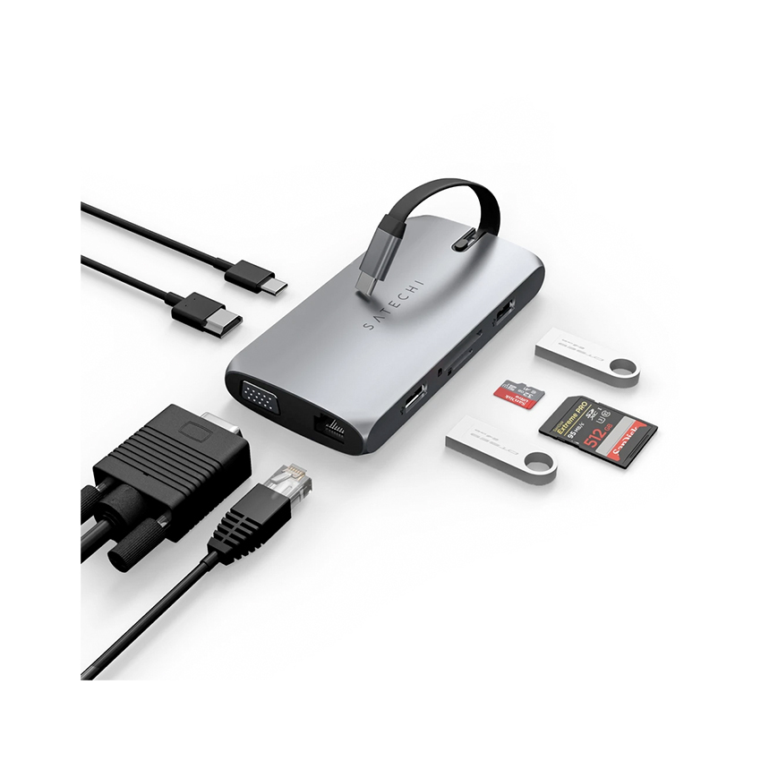 Satechi On-The-Go wieloportowa przejściówka hub 4K HDMI/VGA/Gigabit Ethetnet/2xUSB-A/USB-C PD/mikro/SD