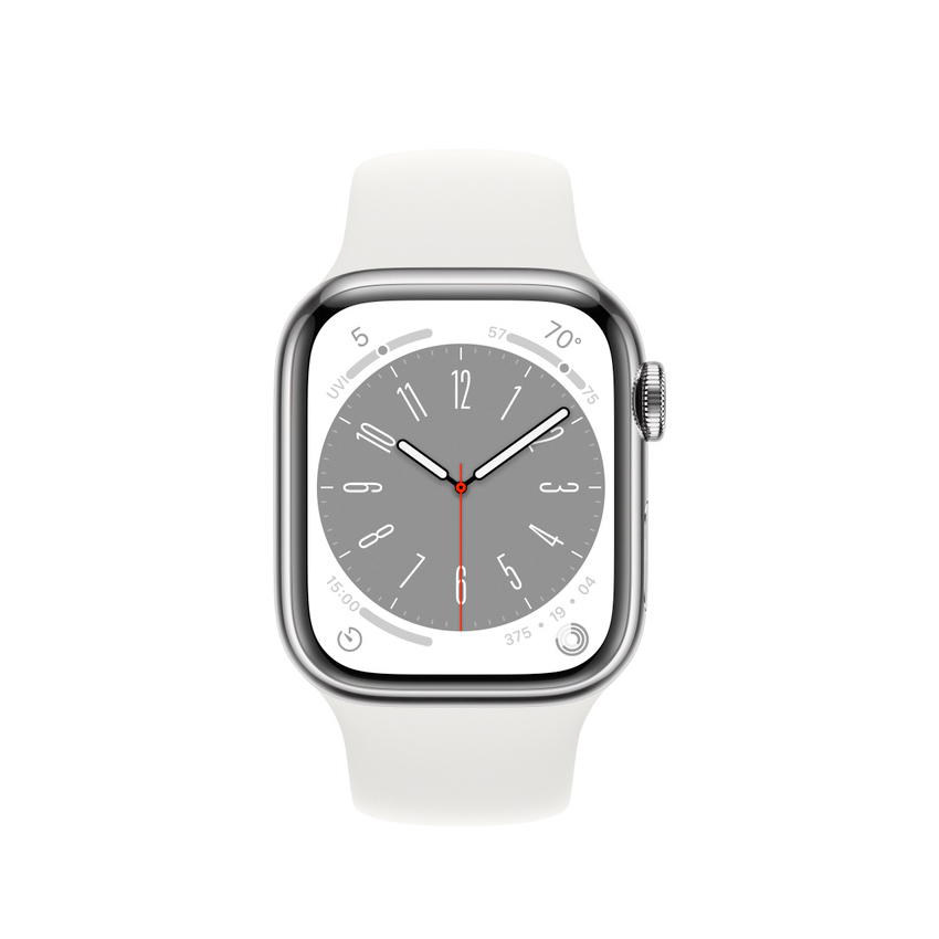 Apple Watch Series 8 41mm GPS + Cellular stal nierdzewna w kolorze srebrnym z paskiem sportowym w kolorze białym