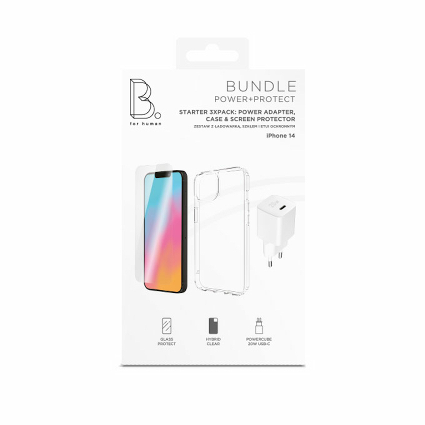 B.On Starter Pack zestaw startowy do iPhone 14 (etui, szkło ochronne, ładowarka sieciowa 20W)