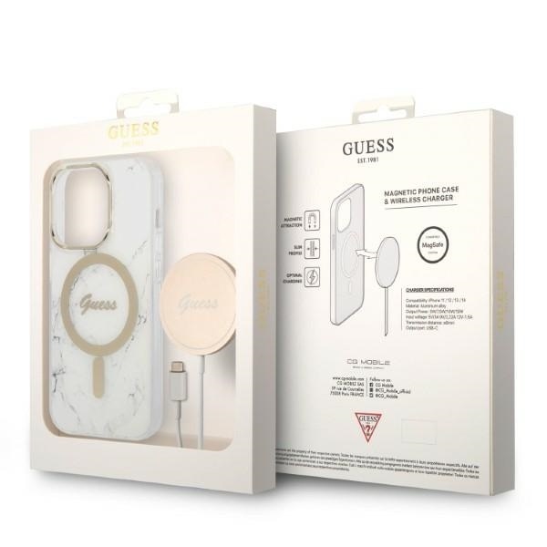 Guess Zestaw Etui Magsafe + Charger 4G Gold White - zestaw etui iPhone 14 Pro i ładowarka