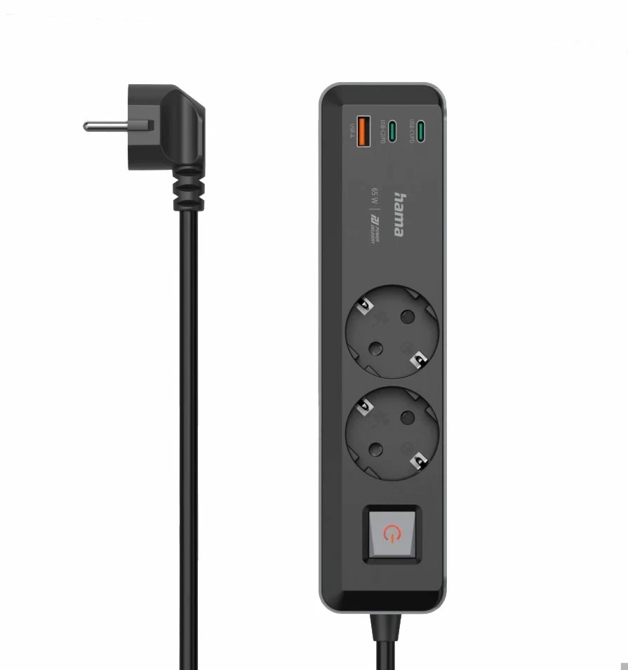 Hama Power Strip 2-Way 2xUSB-C + USB-A 65W - listwa zasilająca