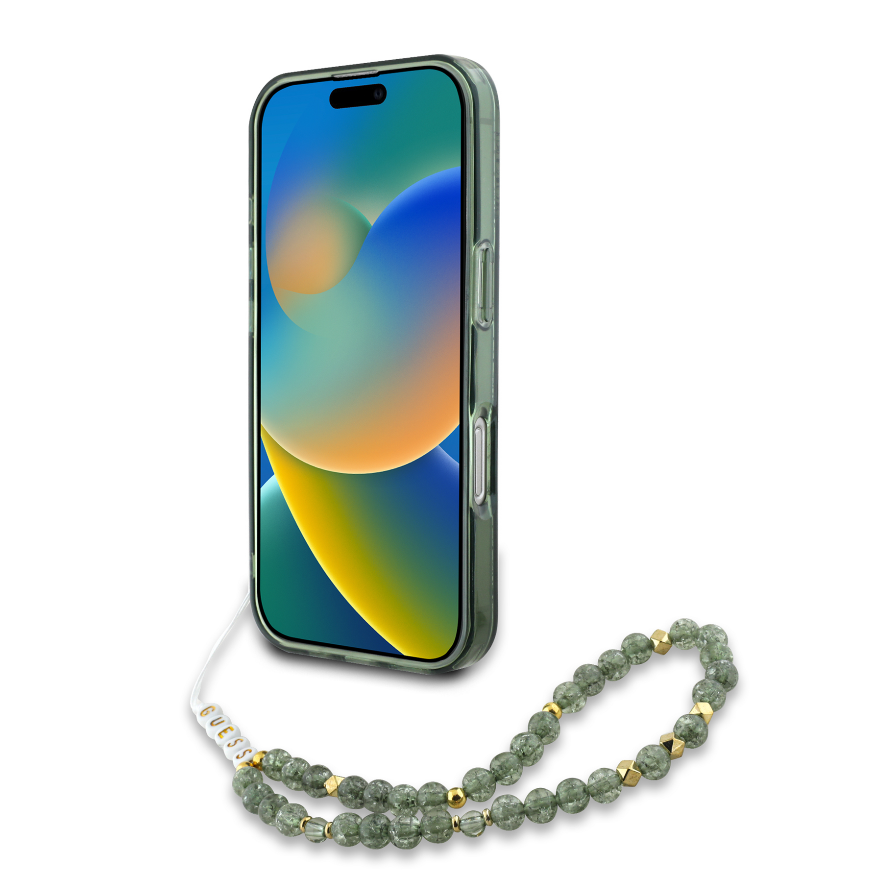 Zdjęcie do “Guess IML Flowers Allover Electro With Pearl Strap MS zielony - etui iPhone 16”.