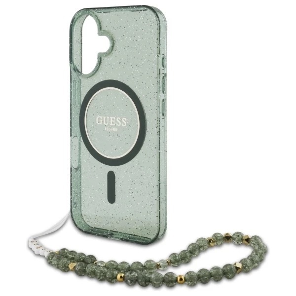 Guess IML Glitter With Pearl Strap MagSafe zielony - etui iPhone 16 Plus