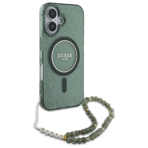 Guess IML Glitter With Pearl Strap MagSafe zielony - etui iPhone 16 Plus