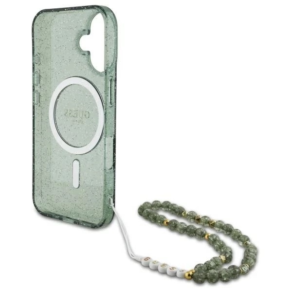 Guess IML Glitter With Pearl Strap MagSafe zielony - etui iPhone 16 Plus