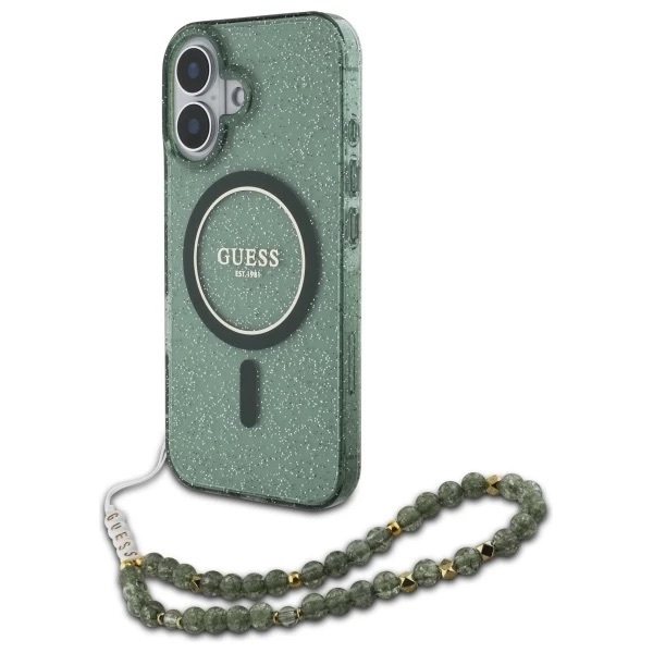 Guess IML Glitter With Pearl Strap MagSafe zielony - etui iPhone 16 Plus