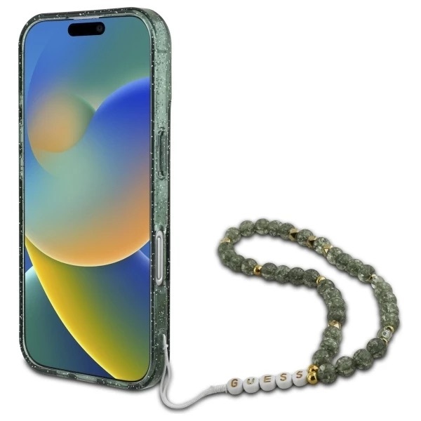 Guess IML Glitter With Pearl Strap MagSafe zielony - etui iPhone 16 Plus