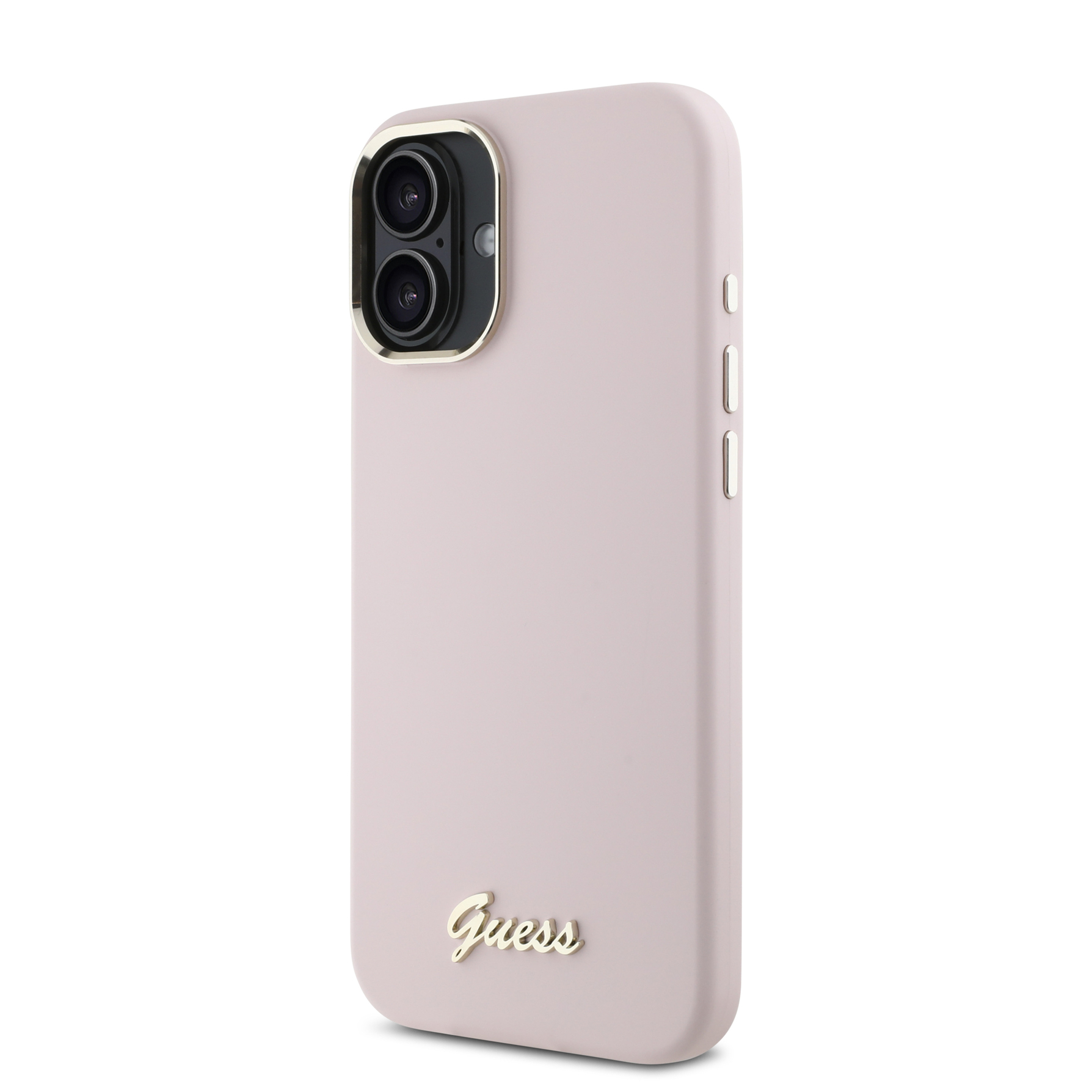 Zdjęcie do “Guess Silicone Script Metal Logo Frame różowy - etui iPhone 16 Plus”.