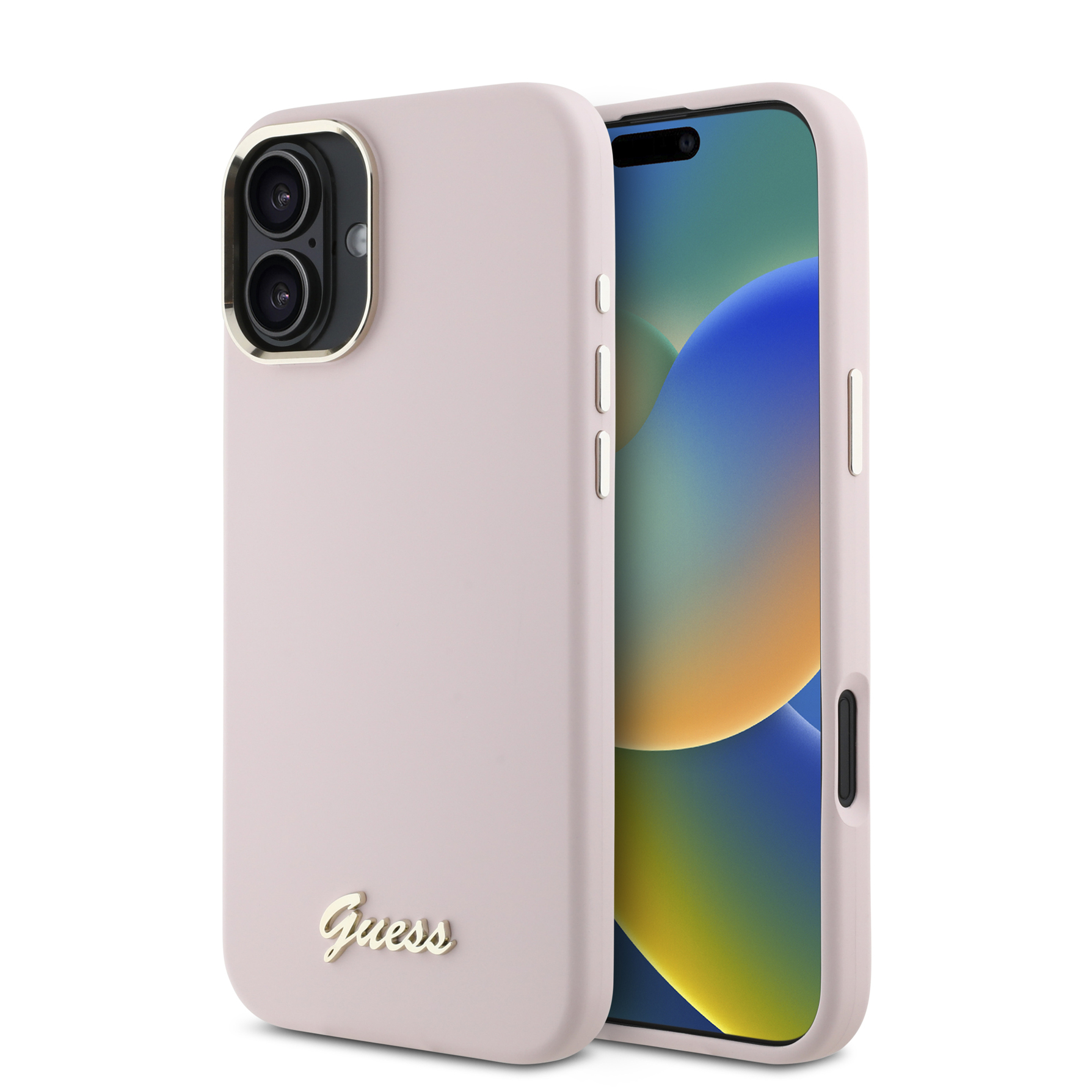 Zdjęcie do “Guess Silicone Script Metal Logo Frame różowy - etui iPhone 16 Plus”.