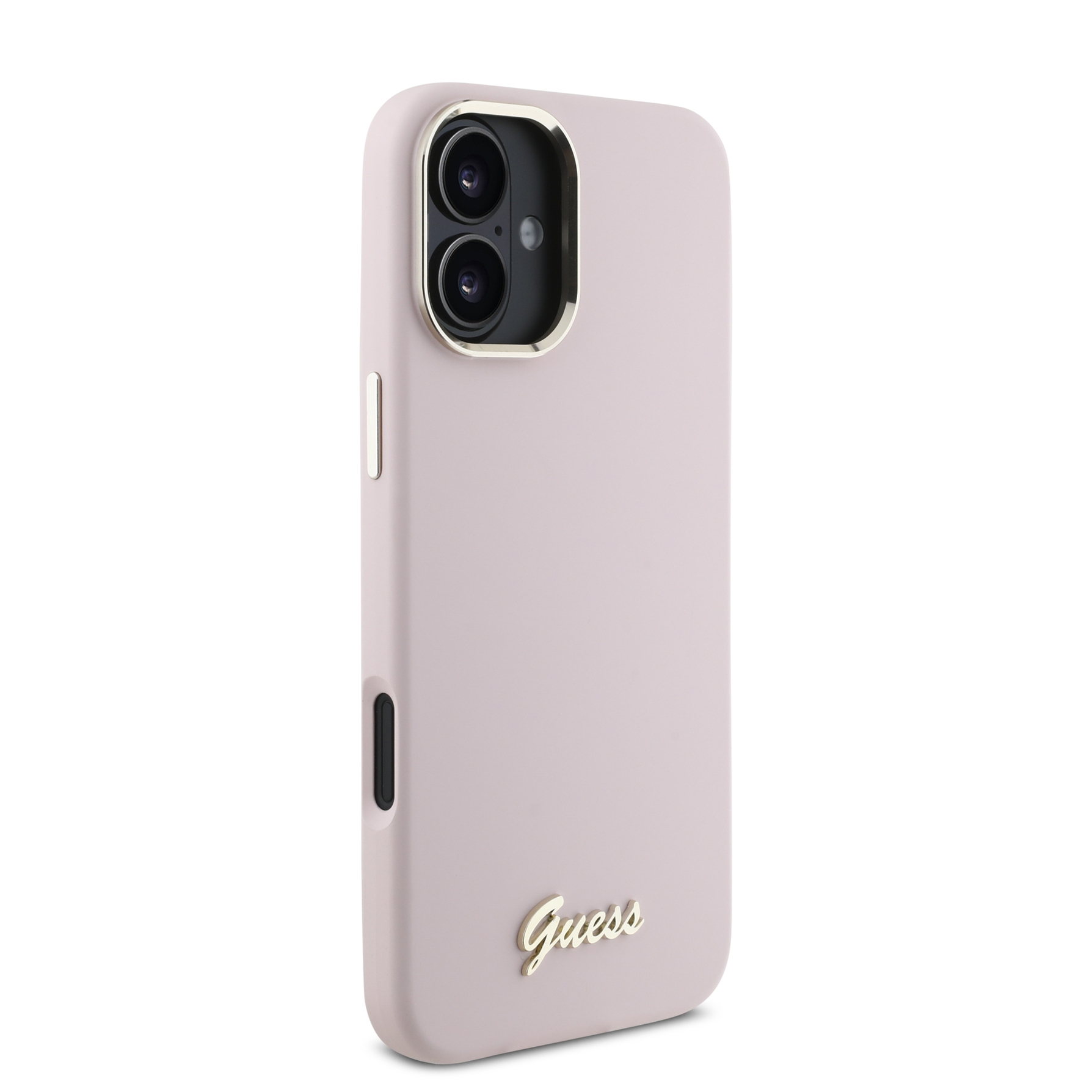 Zdjęcie do “Guess Silicone Script Metal Logo Frame różowy - etui iPhone 16 Plus”.