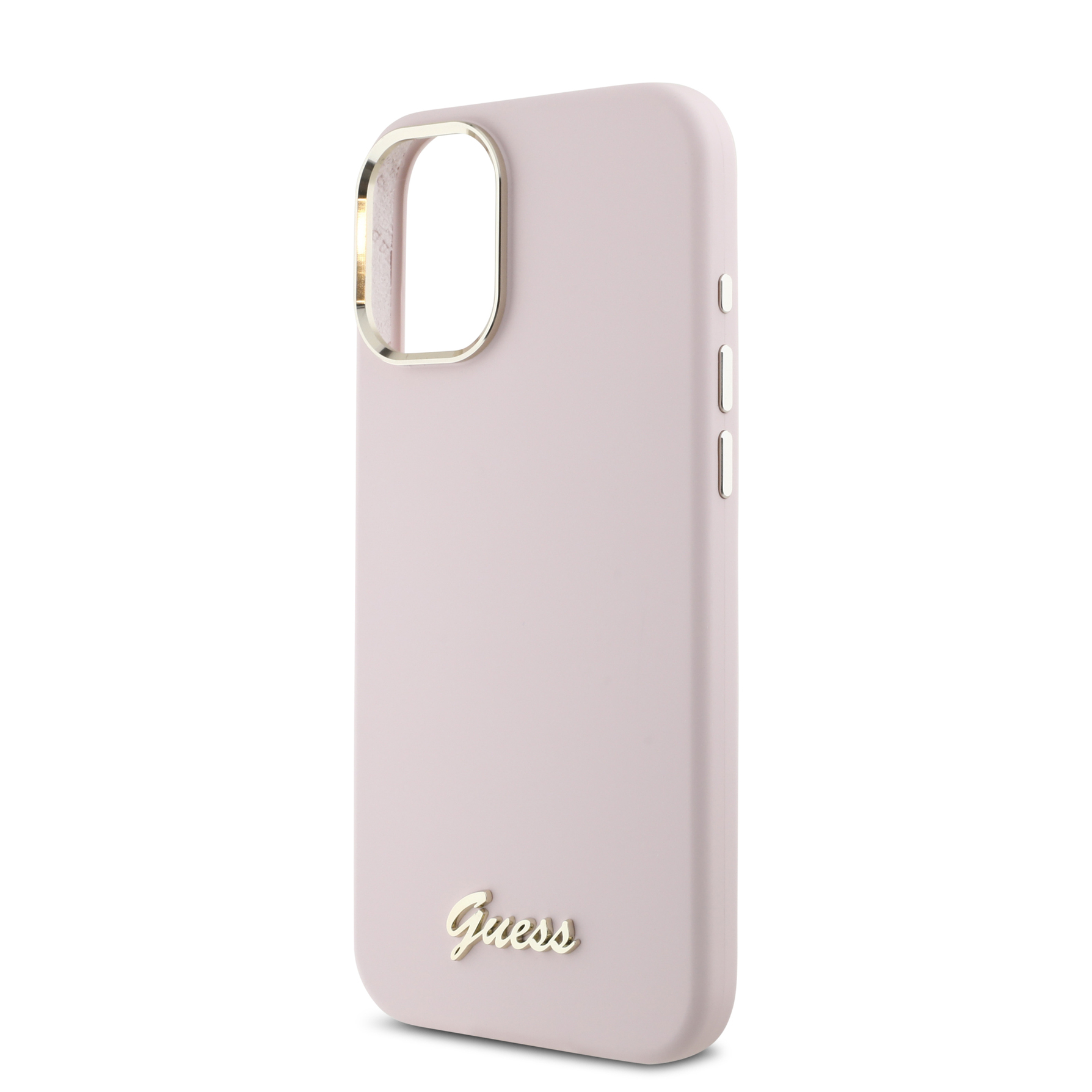 Zdjęcie do “Guess Silicone Script Metal Logo Frame różowy - etui iPhone 16 Plus”.