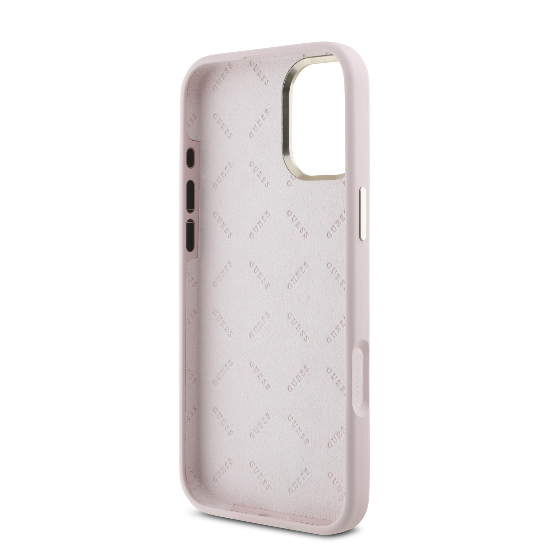 Zdjęcie do “Guess Silicone Script Metal Logo Frame różowy - etui iPhone 16 Plus”.