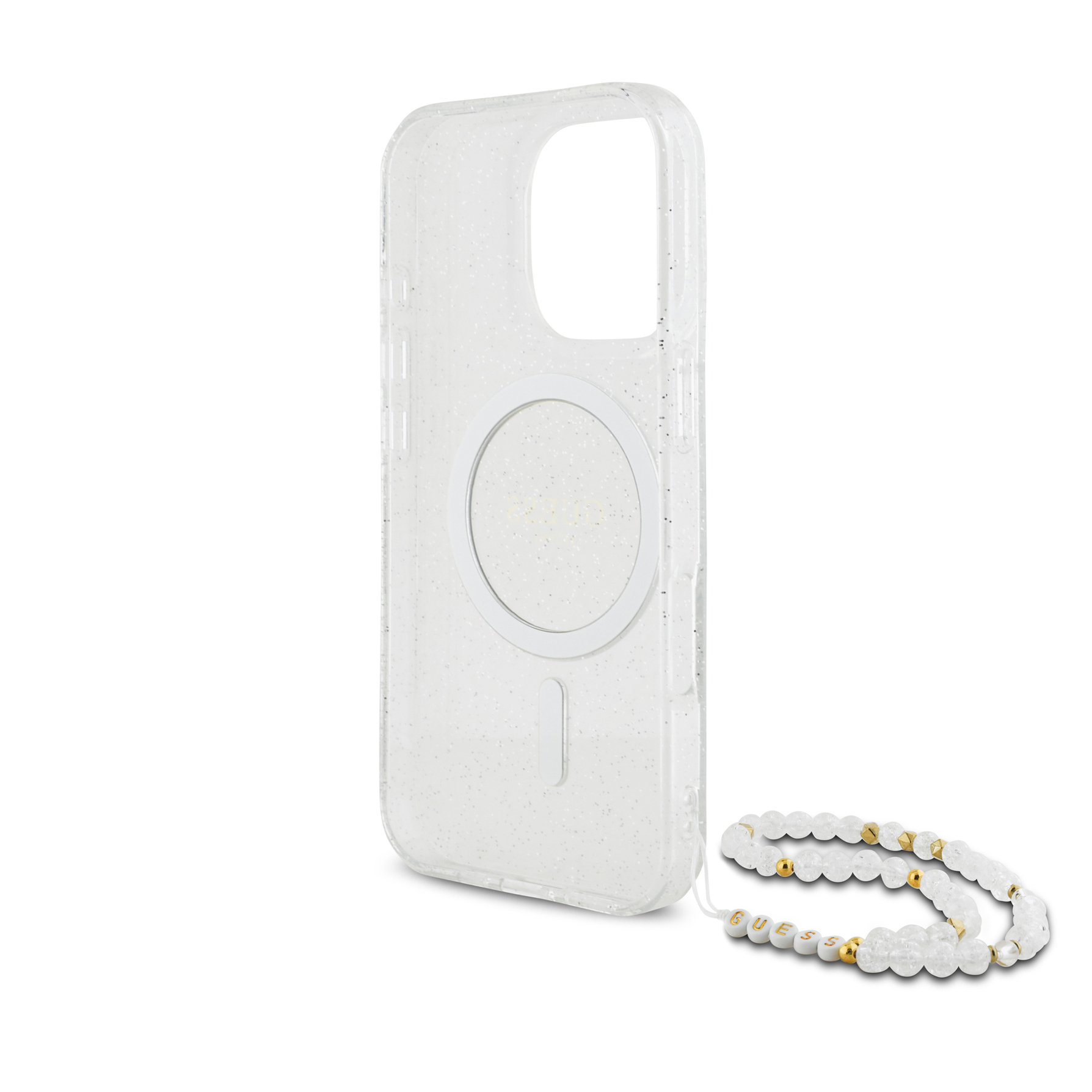 Guess IML Glitter With Pearl Strap MagSafe przeźroczysty - etui iPhone 16 Pro