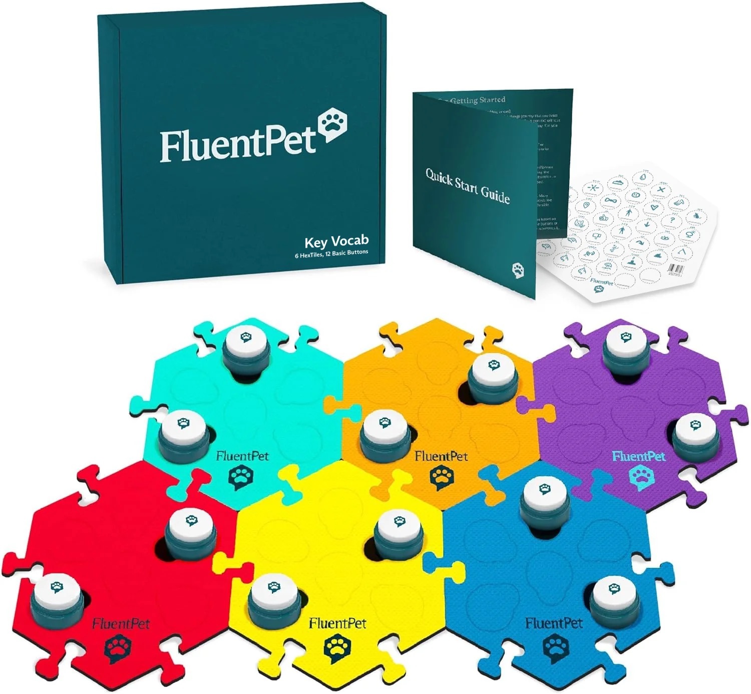 Zdjęcie do “FluentPet Basic Key Vocal Kit - zestaw 12 przycisków z piankowymi matami i naklejkami do komunikacji z psem / kotem”.