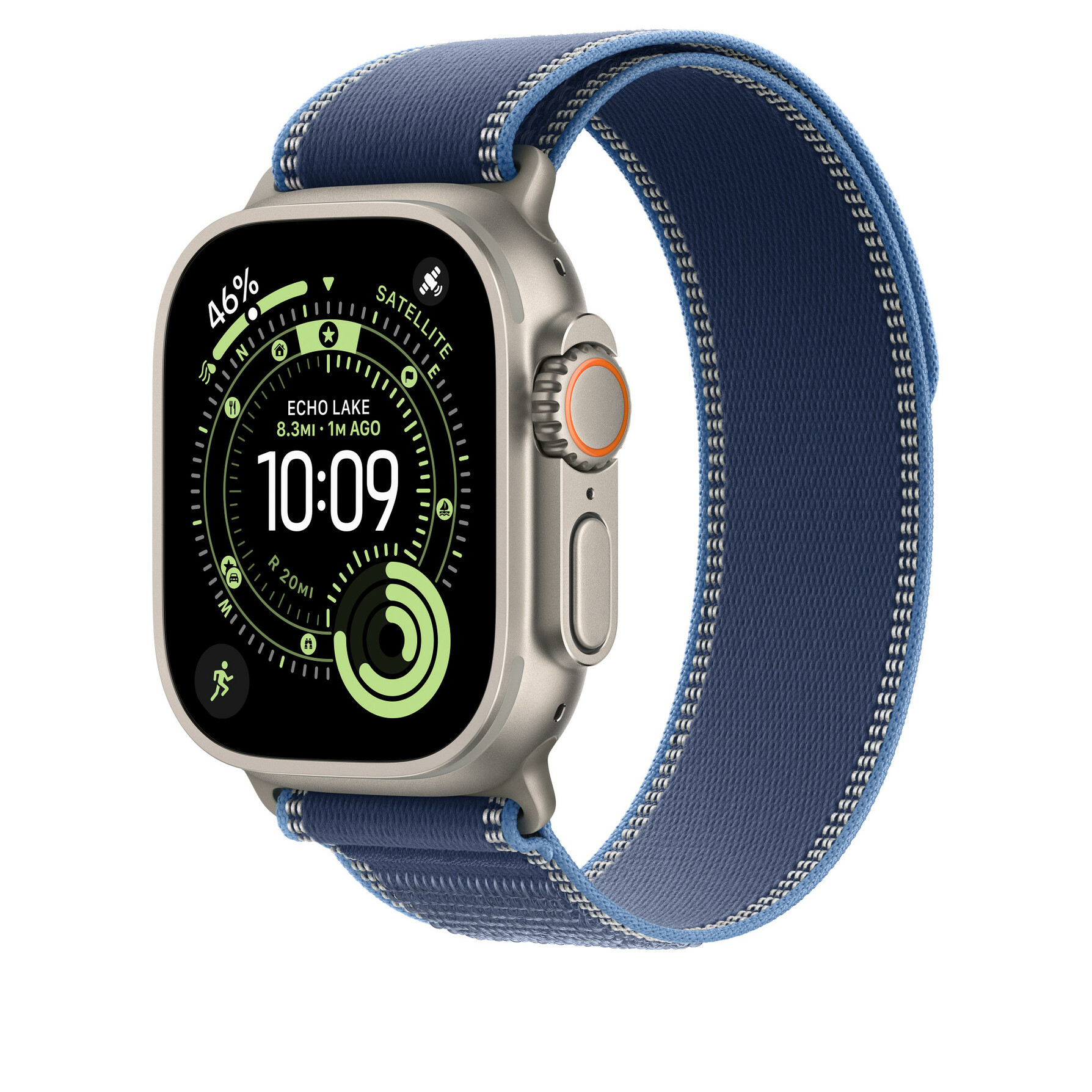 Zdjęcie do “Apple 49mm Blue/Bright Blue Trail Loop - M/L - Natural Titanium Finish”.