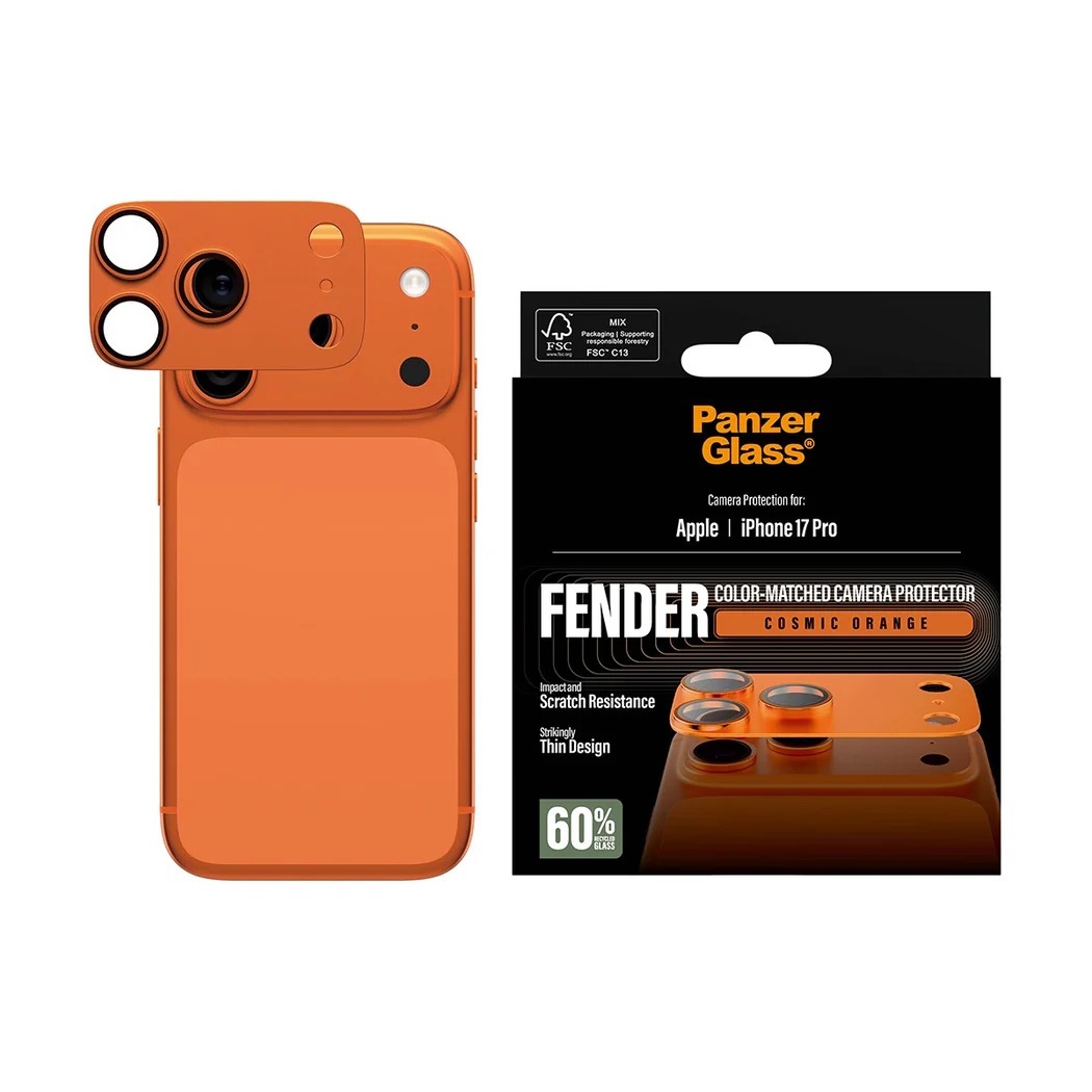 Zdjęcie do “PanzerGlass Fender Camera Protector pomarańczowy - szkło ochronne na kamerę iPhone 17 Pro”.