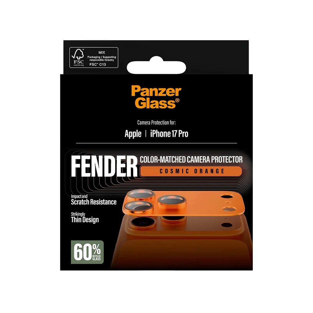 Zdjęcie do “PanzerGlass Fender Camera Protector pomarańczowy - szkło ochronne na kamerę iPhone 17 Pro”.