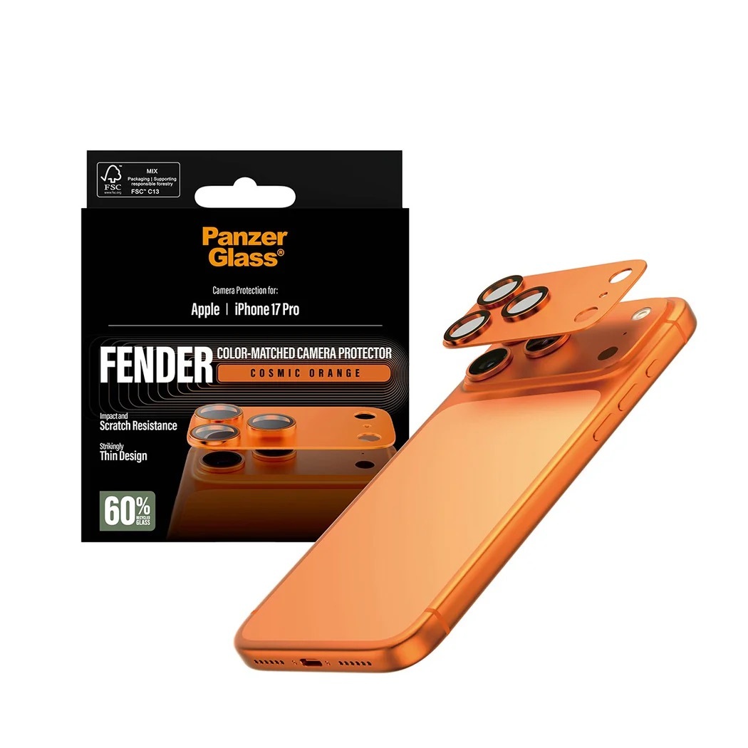 Zdjęcie do “PanzerGlass Fender Camera Protector pomarańczowy - szkło ochronne na kamerę iPhone 17 Pro”.