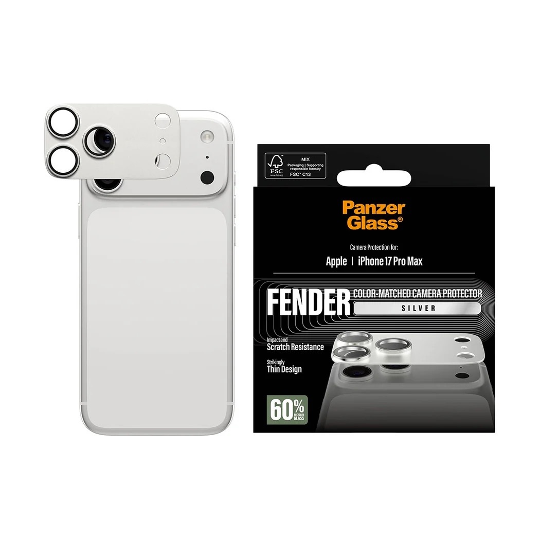 Zdjęcie do “PanzerGlass Fender Camera Protector srebrny - szkło ochronne na kamerę iPhone 17 Pro Max”.