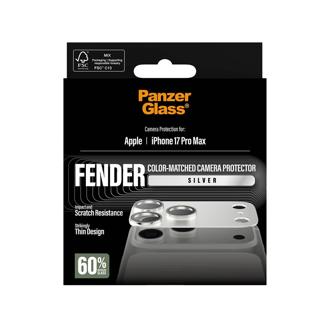 Zdjęcie do “PanzerGlass Fender Camera Protector srebrny - szkło ochronne na kamerę iPhone 17 Pro Max”.