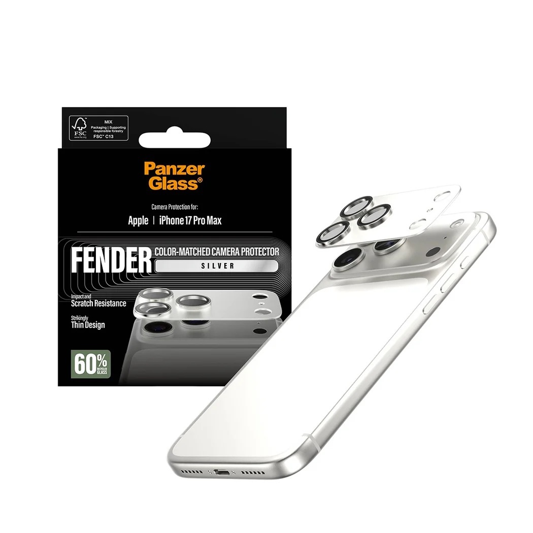 Zdjęcie do “PanzerGlass Fender Camera Protector srebrny - szkło ochronne na kamerę iPhone 17 Pro Max”.
