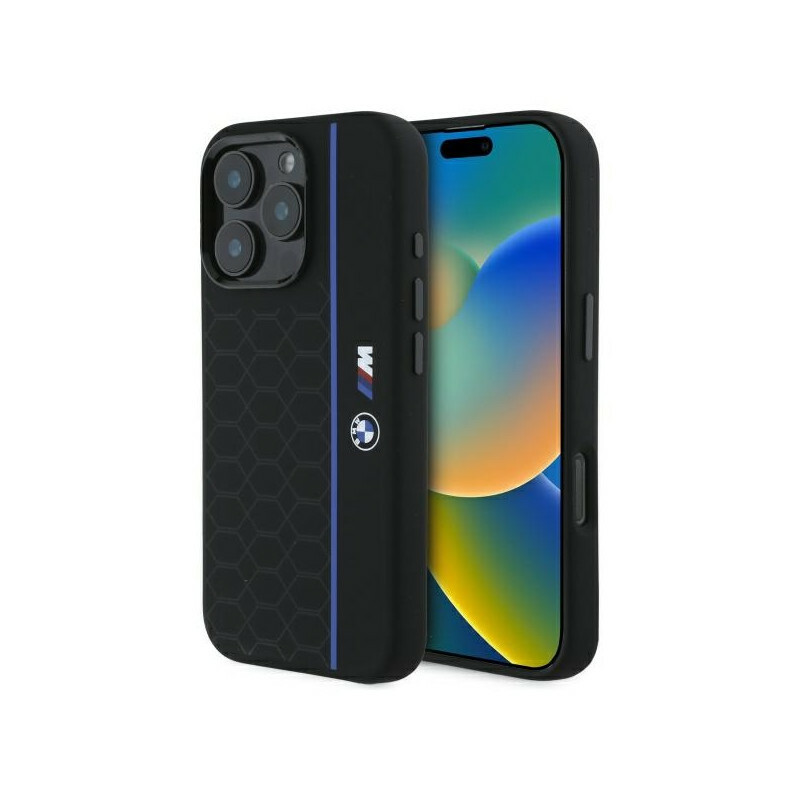 Zdjęcie do “BMW Silicone Hexagon Blue MS czarny - etui iPhone 16 Pro Max”.