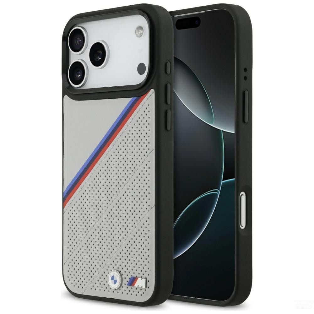 Zdjęcie do “BMW M Tricolor Metal Logo MS szary - etui iPhone 17 Pro Max”.