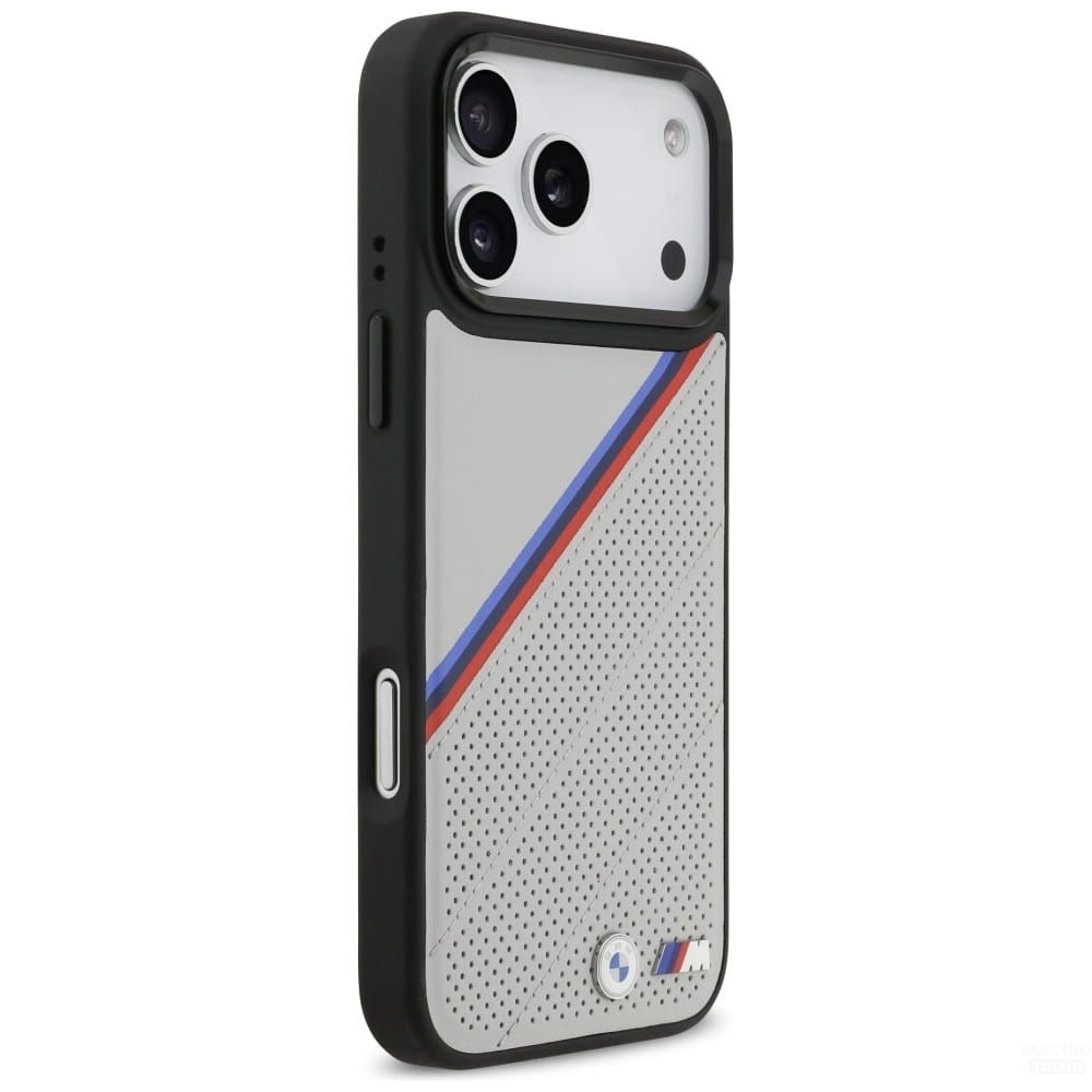 Zdjęcie do “BMW M Tricolor Metal Logo MS szary - etui iPhone 17 Pro Max”.