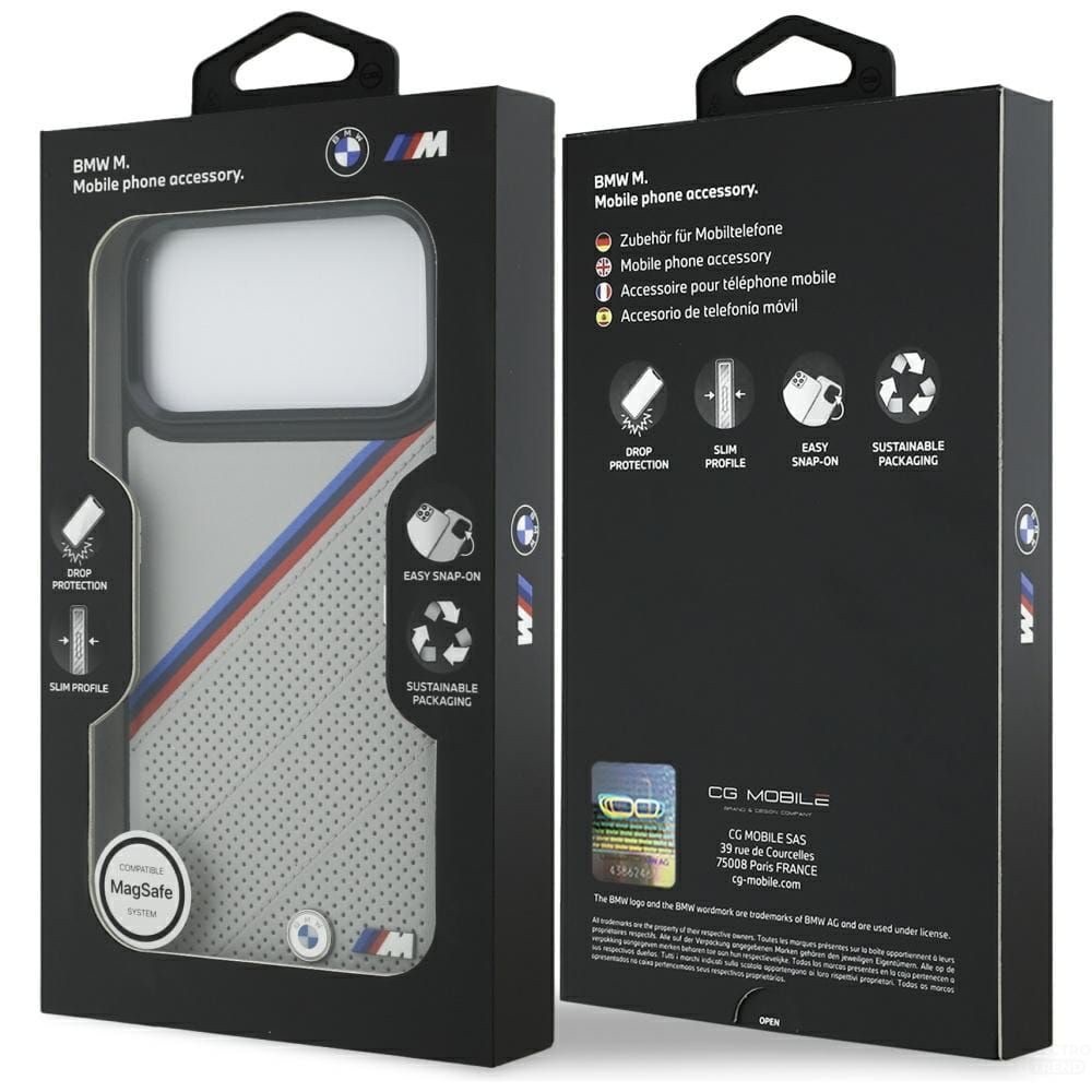 Zdjęcie do “BMW M Tricolor Metal Logo MS szary - etui iPhone 17 Pro Max”.