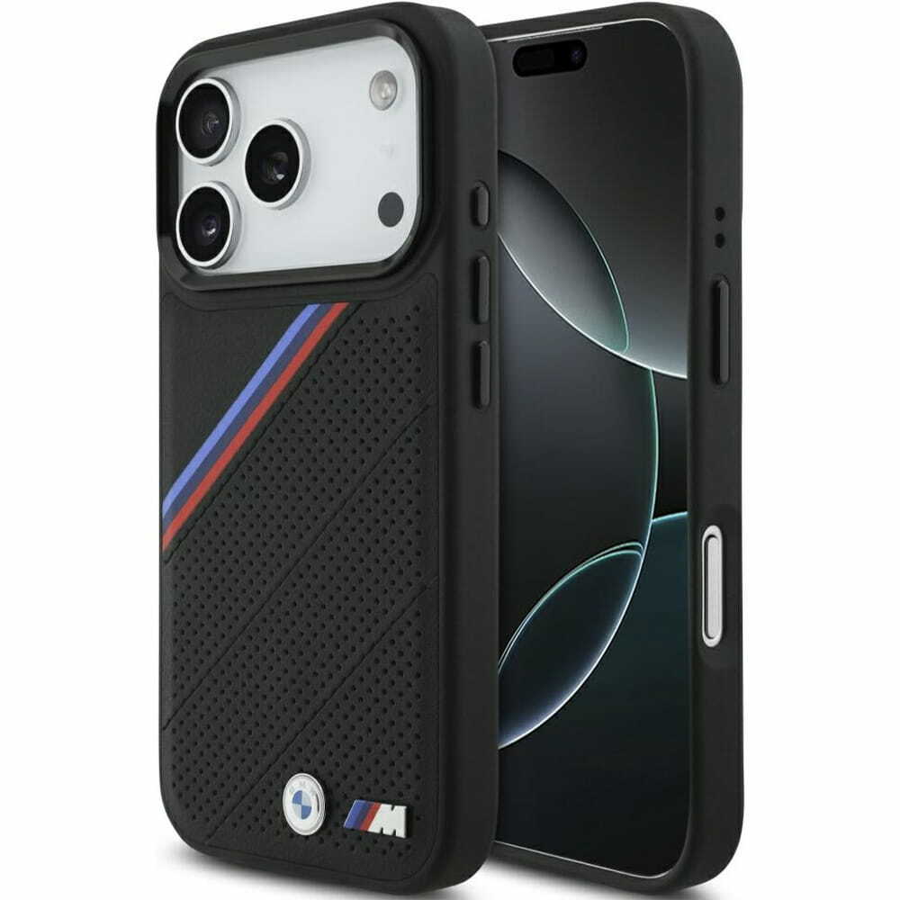 Zdjęcie do “BMW M Tricolor Metal Logo MS czarny - etui iPhone 17 Pro”.
