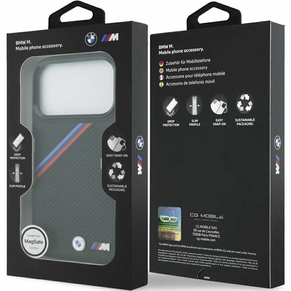 Zdjęcie do “BMW M Tricolor Metal Logo MS czarny - etui iPhone 17 Pro”.