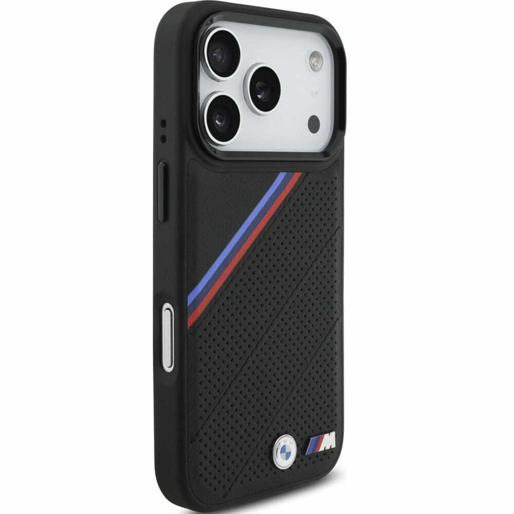 Zdjęcie do “BMW M Tricolor Metal Logo MS czarny - etui iPhone 17 Pro”.