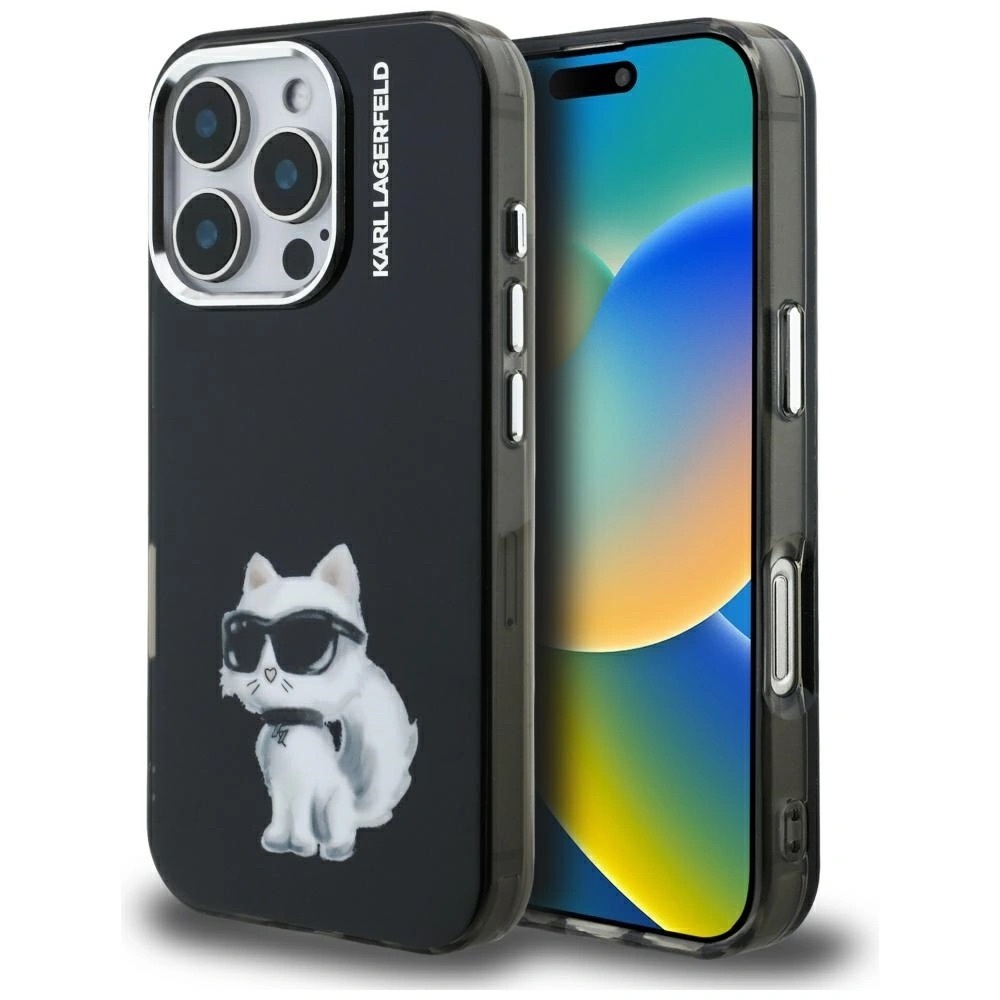 Zdjęcie do “Karl Lagerfeld IML Aquarelle Choupette Logo czarny - etui iPhone 16 Pro”.