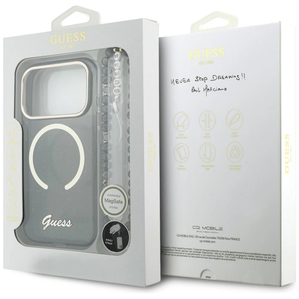Zdjęcie do “Guess IML Glitters Script Strap MS czarny - etui iPhone 17 Pro Max”.