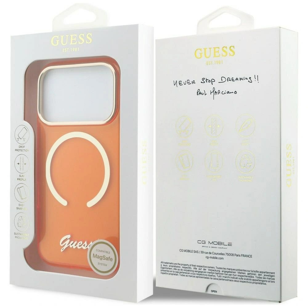 Zdjęcie do “Guess IML Script Metal MS pomarańczowy - etui iPhone 17 Pro”.