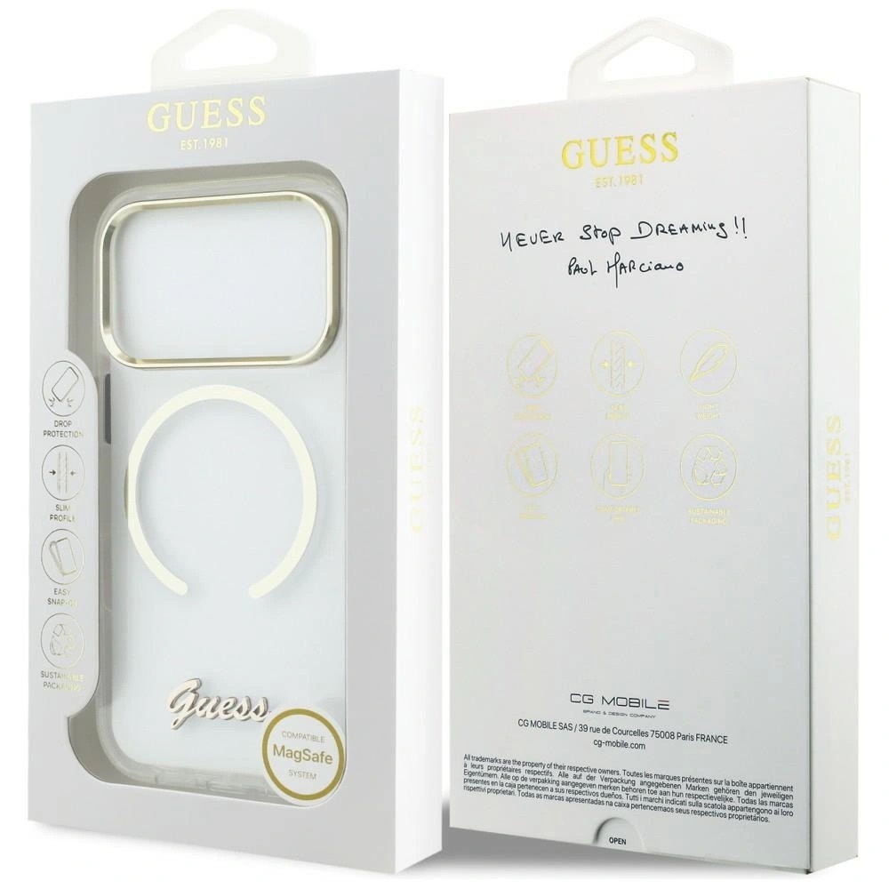 Zdjęcie do “Guess IML Script Metal MS przezroczysty - etui iPhone 17 Pro Max”.
