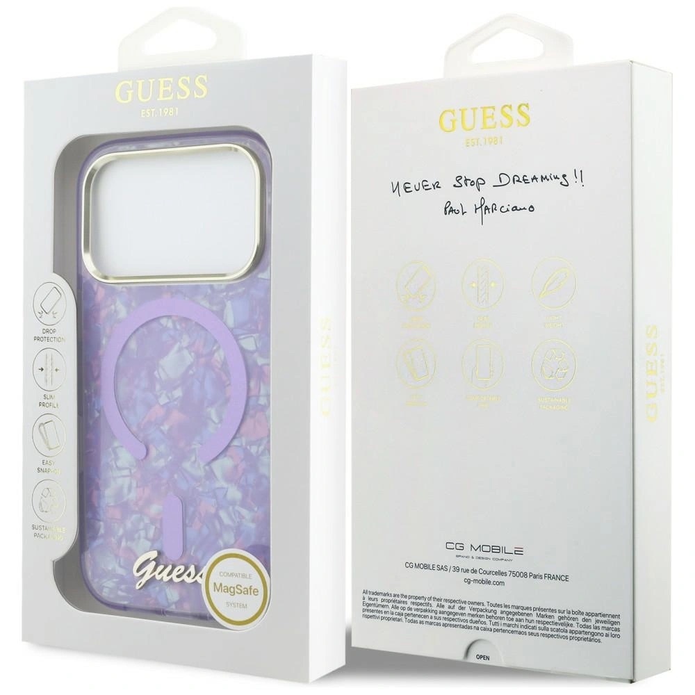 Zdjęcie do “Guess IML Shell Script Metal MS fioletowy - etui iPhone 17 Pro Max”.