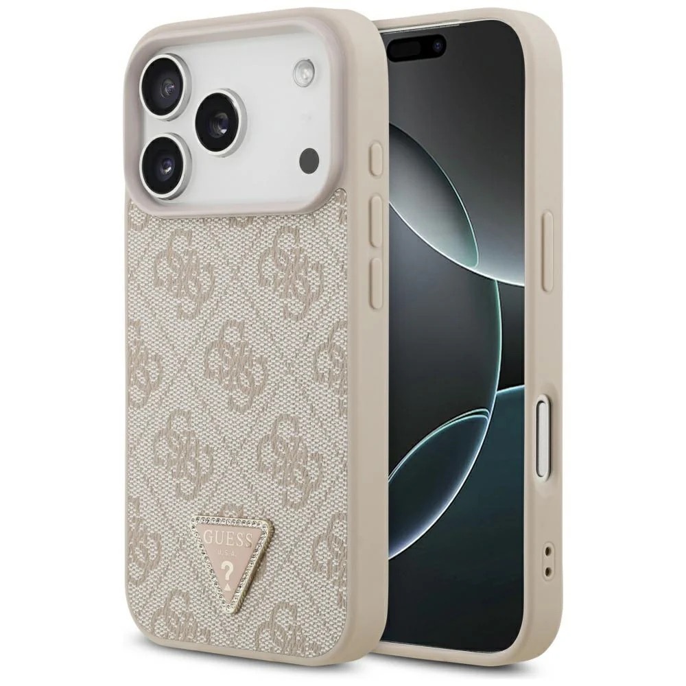 Zdjęcie do “Guess Leather 4G Triangle Strass MS różowy - etui iPhone 17 Pro”.