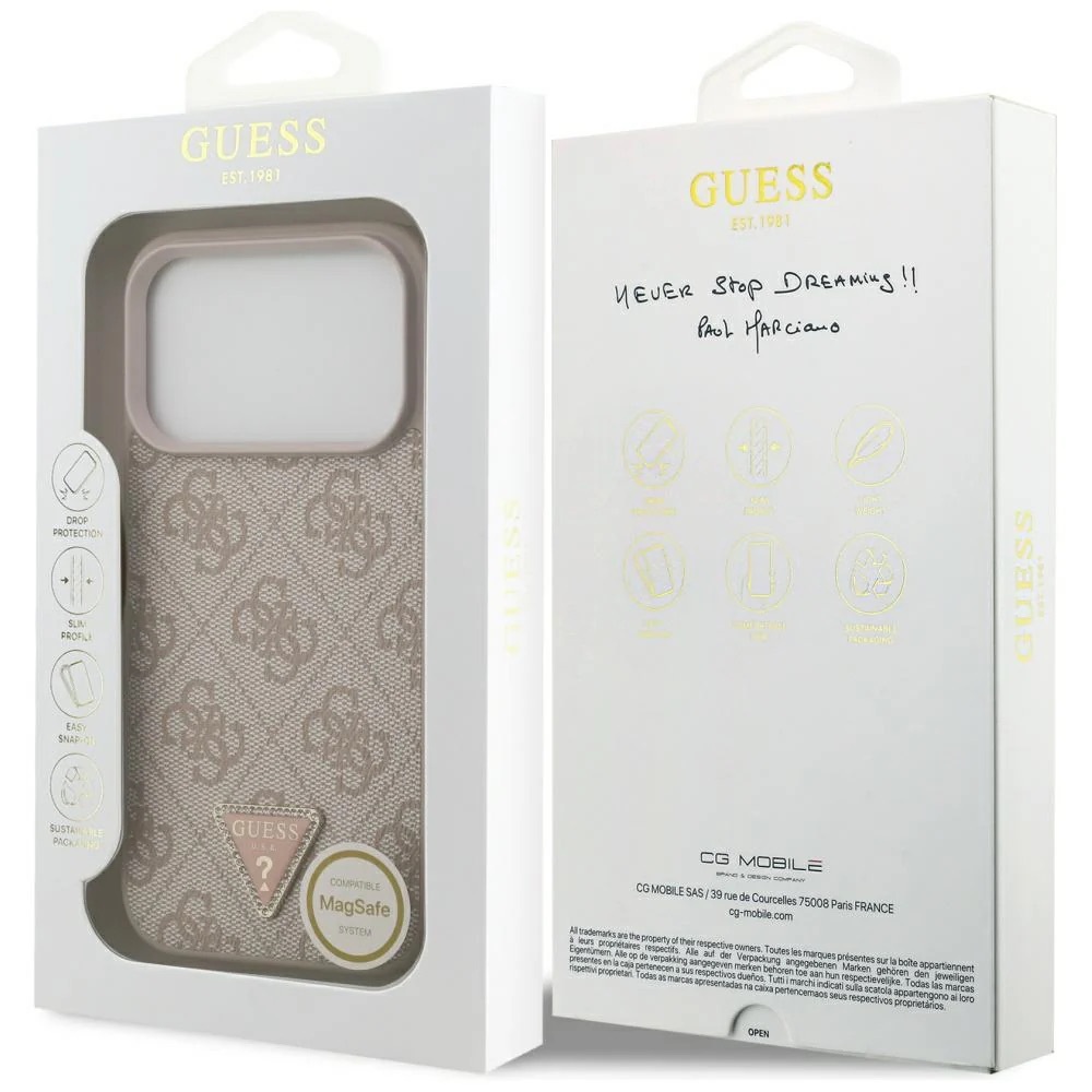 Zdjęcie do “Guess Leather 4G Triangle Strass MS różowy - etui iPhone 17 Pro”.