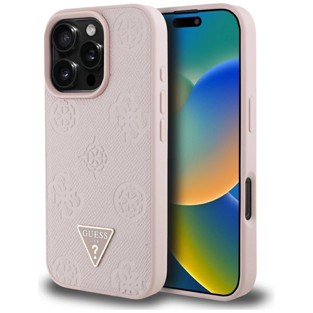 Zdjęcie do “Guess Grained Hot Stamp Peony Triangle Logo MS różowy - etui iPhone 16 Pro”.