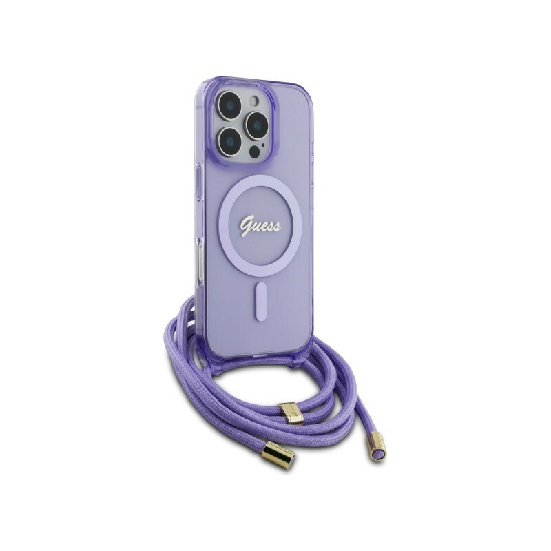 Zdjęcie do “Guess Crossbody Cord Script MS fioletowy - etui iPhone 16 Pro”.