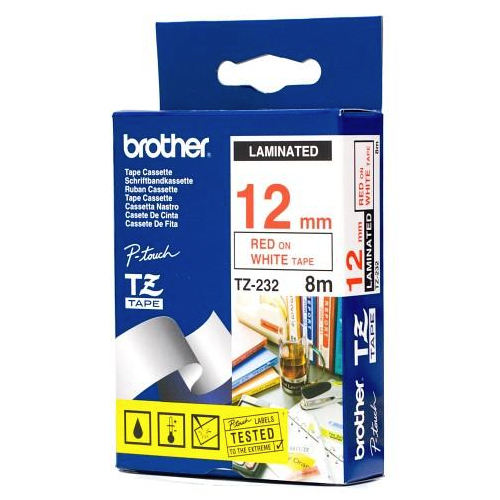 Brother taśma laminowana TZ232 (czerwone na białym) 12mm