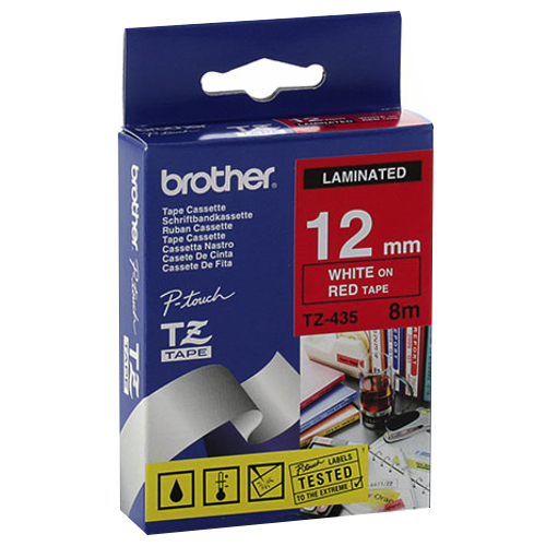 Brother taśma laminowana TZ435 (białe na czerwonym) 12mm