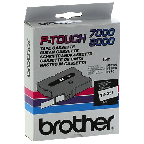 Brother taśma laminowana 12 mm TX231 (czarne na na białym)