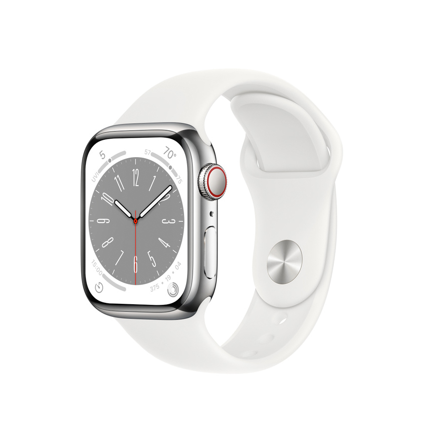 Apple Watch Series 8 41mm GPS + Cellular stal nierdzewna w kolorze srebrnym z paskiem sportowym w kolorze białym