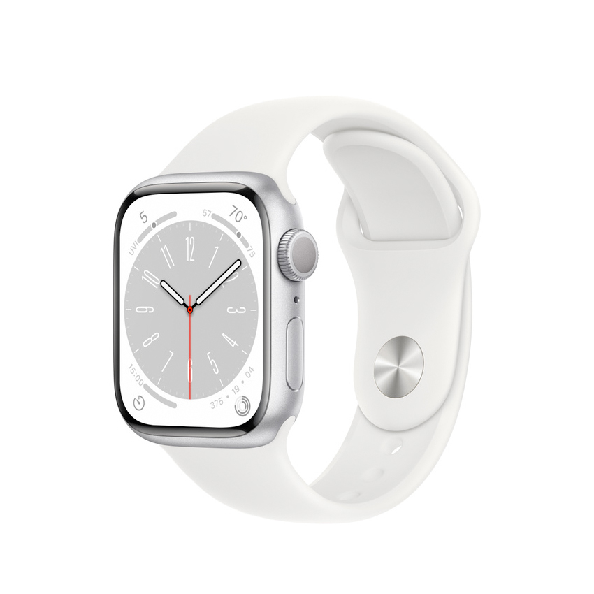 Apple Watch Series 8 45mm GPS aluminium w kolorze srebrnym z paskiem sportowym w kolorze białym
