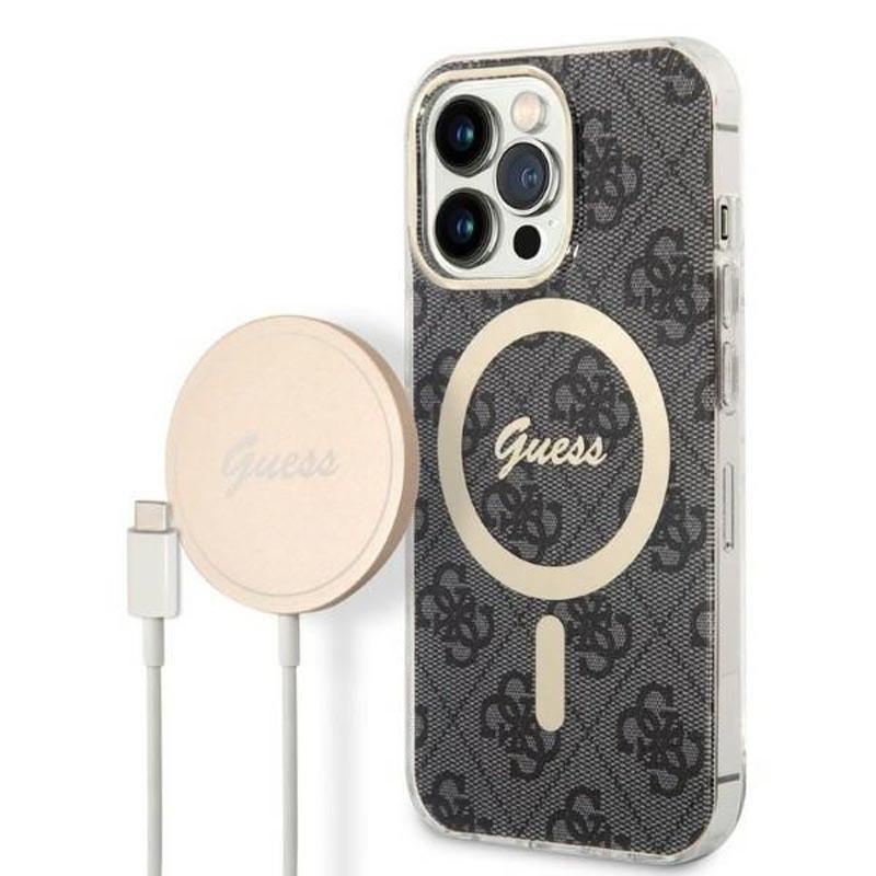Guess Bundle Pack MagSafe 4G zestaw etui do iPhone 14 Pro + ładowarka MagSafe (Czarny/Złoty)