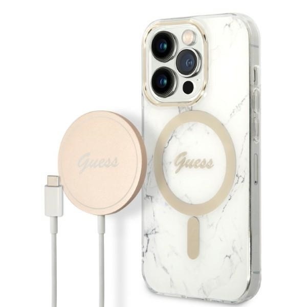Guess Zestaw Etui Magsafe + Charger 4G Gold White - zestaw etui iPhone 14 Pro i ładowarka