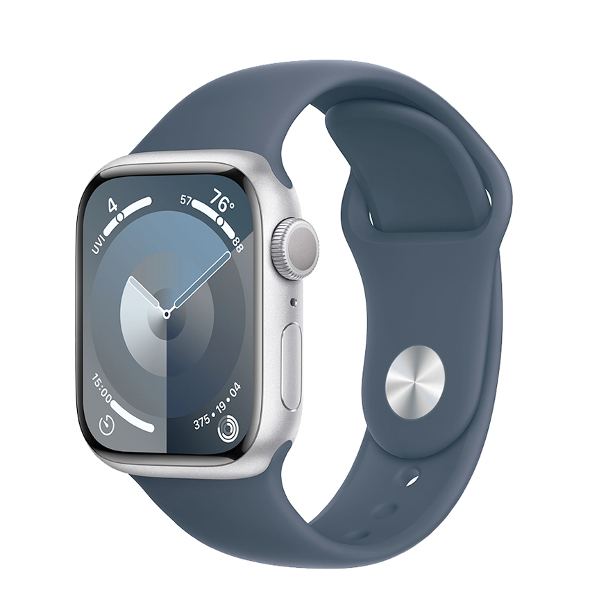 Apple Watch Series 9 41mm GPS aluminium w kolorze srebrnym z paskiem sportowym w kolorze sztormowego błękitu - S/M
