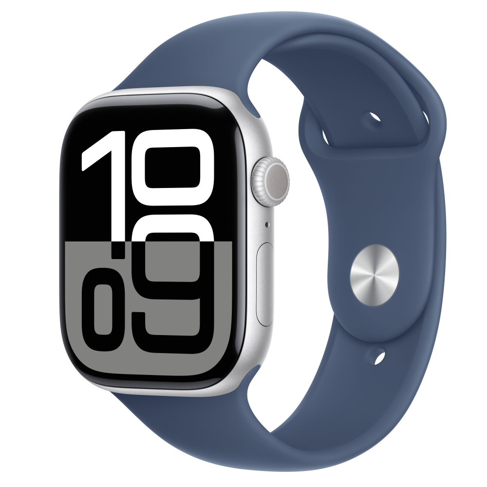 Zdjęcie do “Apple Watch Series 10 GPS + Cellular 46mm Silver Aluminium Case with Denim Sport Band - S/M”.